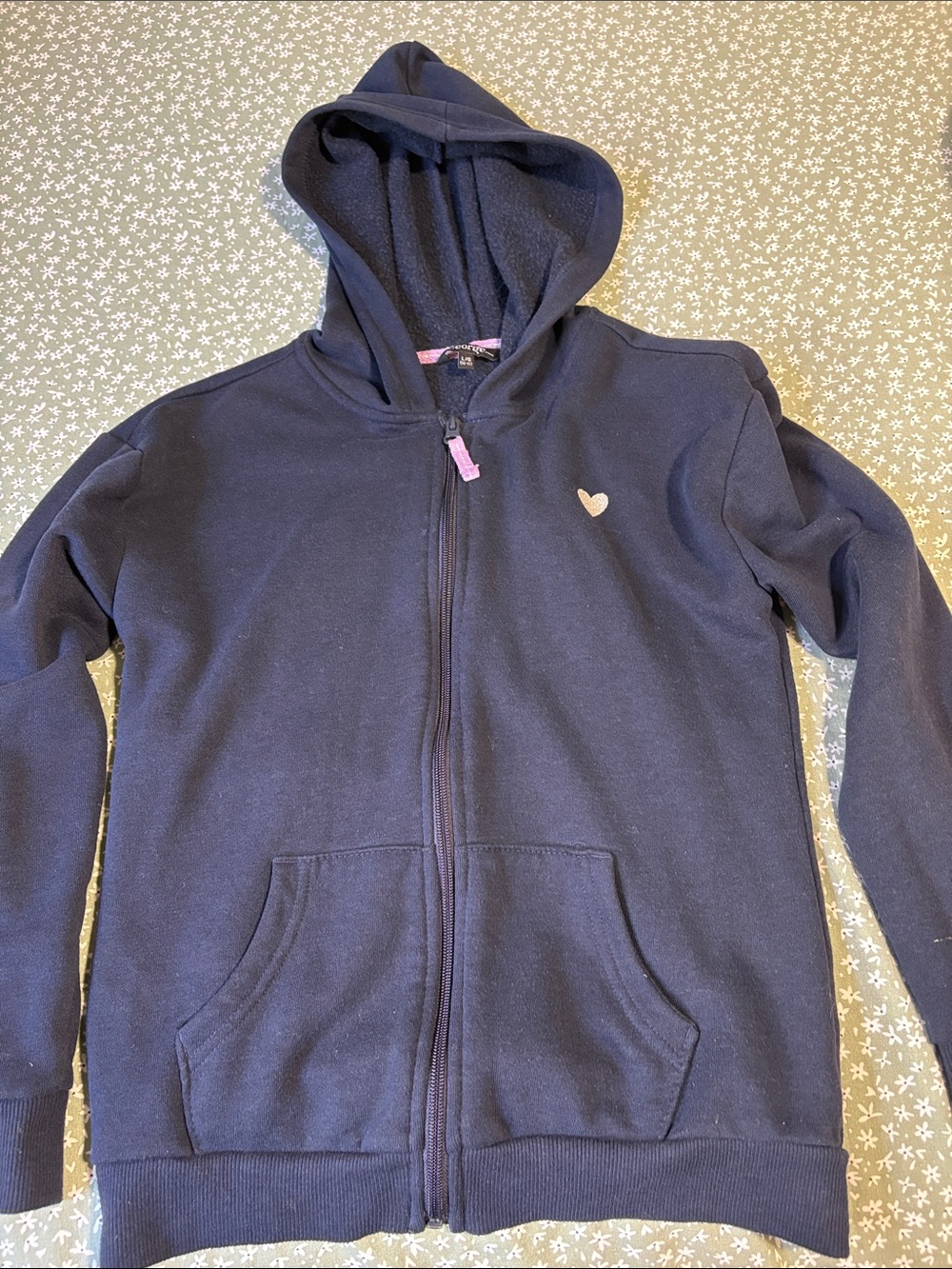 Girls Navy Zip Hoodie with Heart Accent